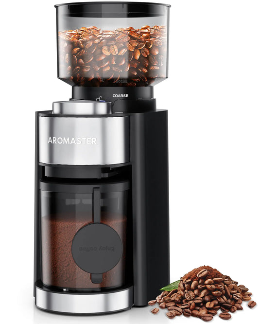 Aromaster Burr Coffee Grinder Coffee Bean Grinder with 25 Grind Setting 2-12 Cups Timer Conical Coffee Grinders for Home Use 3-Ears Portafilter Holder Cleaning Brush Black