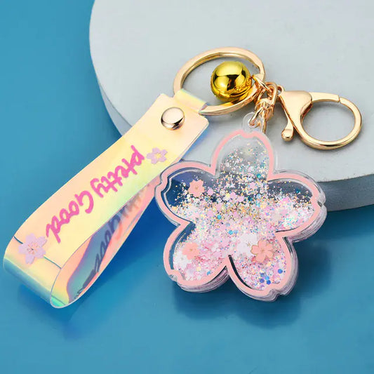 Cherry Blossom Liquid Keychain with Quicksand Flower